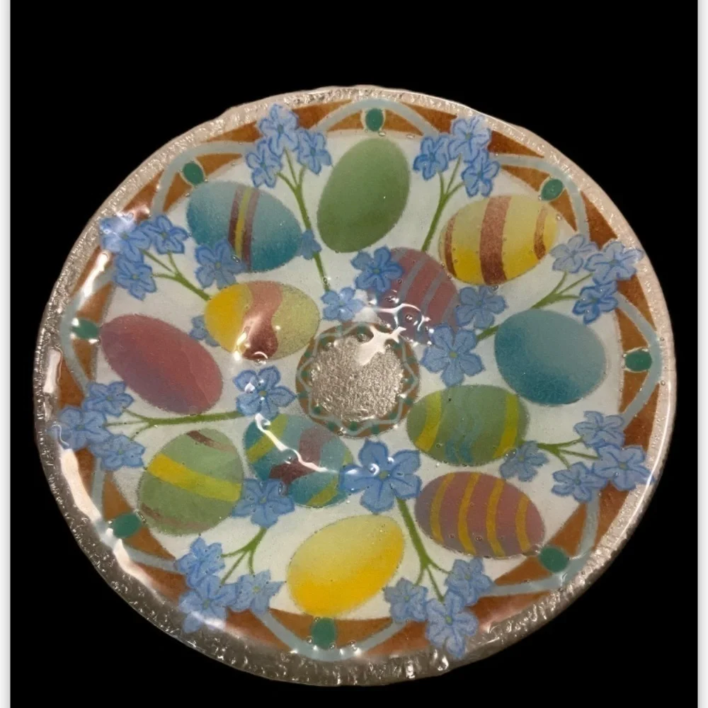Peggy Karr Easter Egg Fused Art Glass Bowl Colorful Eater Eggs Blue Pink Green